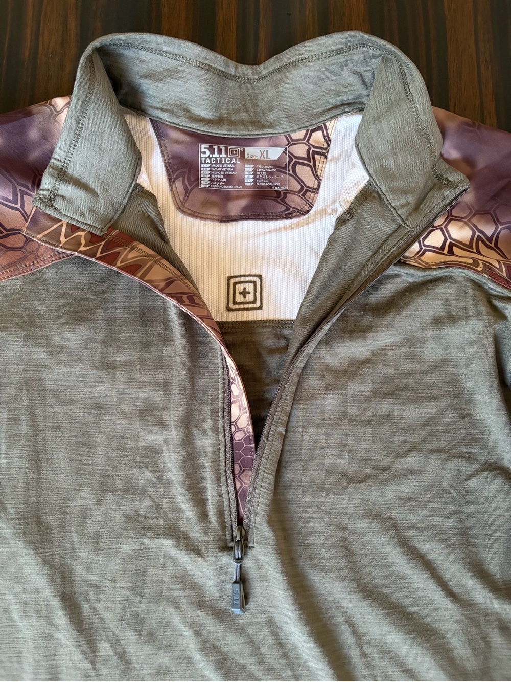 5.11 Tactical Men's Zip Polo in Olive Green with Camo Accents - Picture 7 of 10